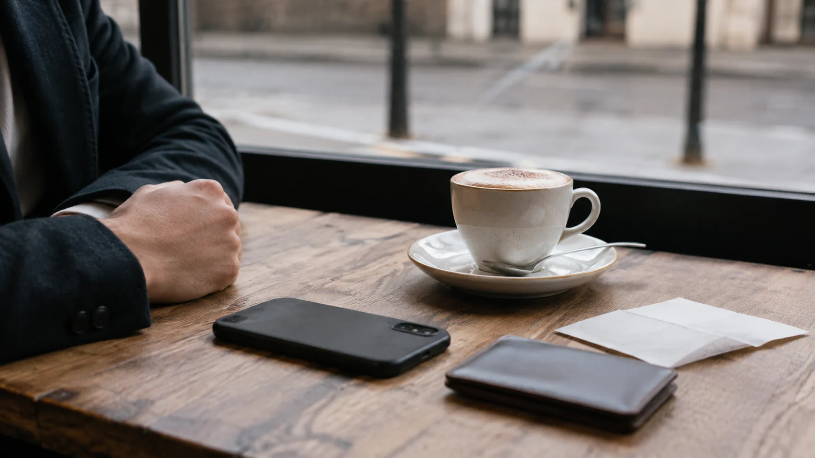 Caf&eacute;tisch mit Smartphone, Geldb&ouml;rse und Cappuccino