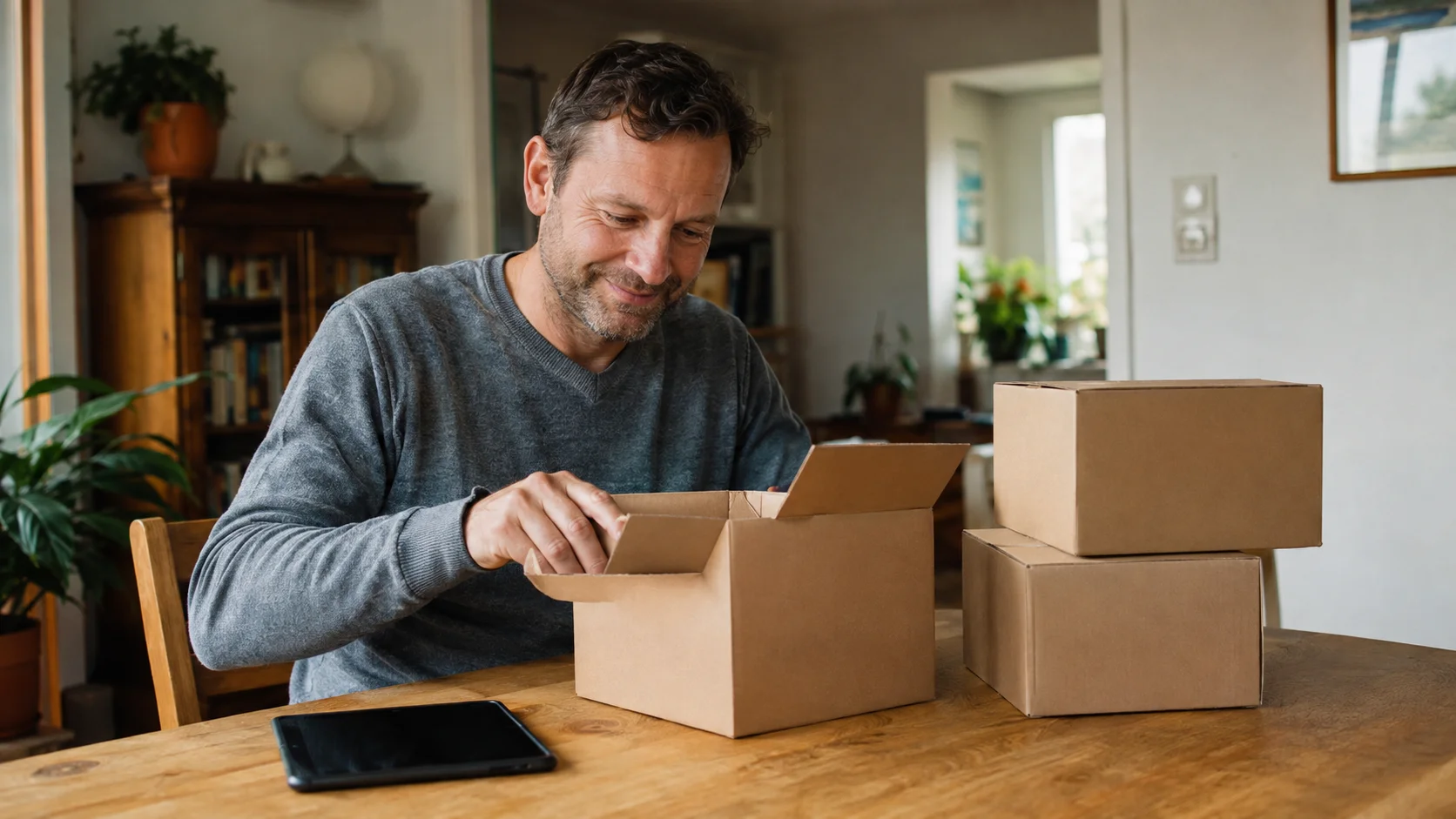 Mann &ouml;ffnet zufrieden ein Paket am Esstisch